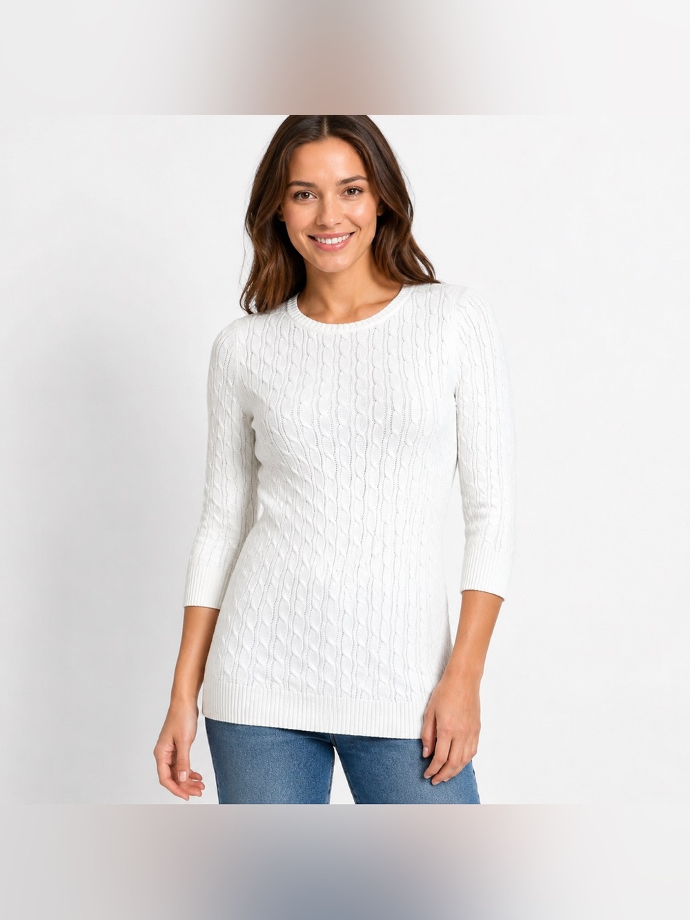 Vintage GAP White Cable Knit Crewneck Sweater 3/4 Sleeve Small